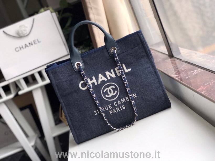 Calidad Original Chanel Deauville Tote 38cm Denim Canvas Bag Colección Otoño/invierno 2019 Denim Azul/blanco