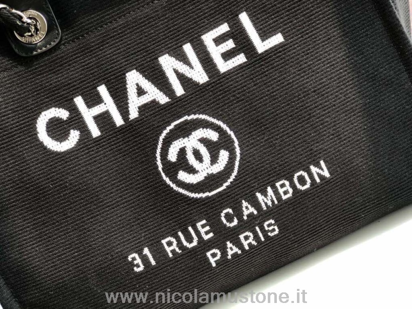 Bolso Tote Chanel Deauville De Calidad Original Bolso De Lona De Sarga De 38 Cm Colección Otoño/invierno 2019 Negro/blanco