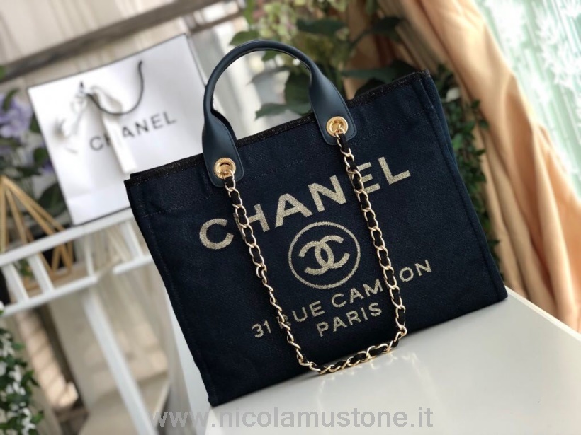 Calidad Original Chanel Deauville Tote 38cm Bolso De Lona De Mezclilla Colección Otoño/invierno 2019 Azul Oscuro/dorado