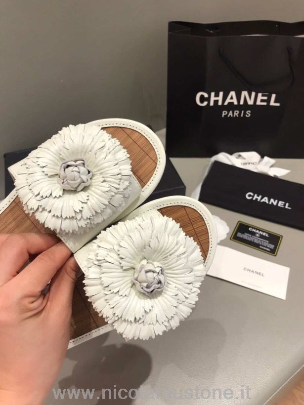 Calidad Original Chanel Sandalias Camelia G34662 Piel De Cabra Arrugada Laminada Colección Primavera/verano 2019 Blanco
