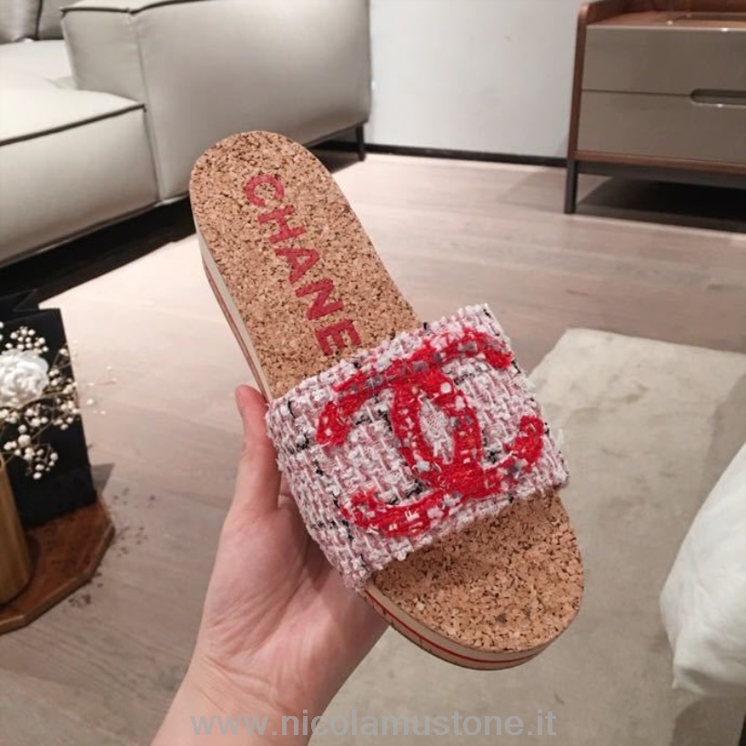 Chanel Calidad Original Sandalias De Corcho Tweed/piel De Becerro Colección Primavera/verano 2020 Rojo