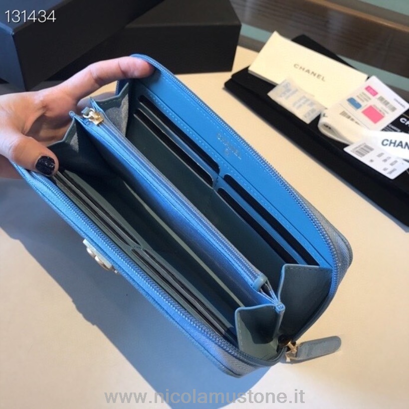 Qualità Originale Chanel Leboy Portafoglio Zippy Hardware Oro Pelle Caviale Collezione Autunno/inverno 2020 Azzurro