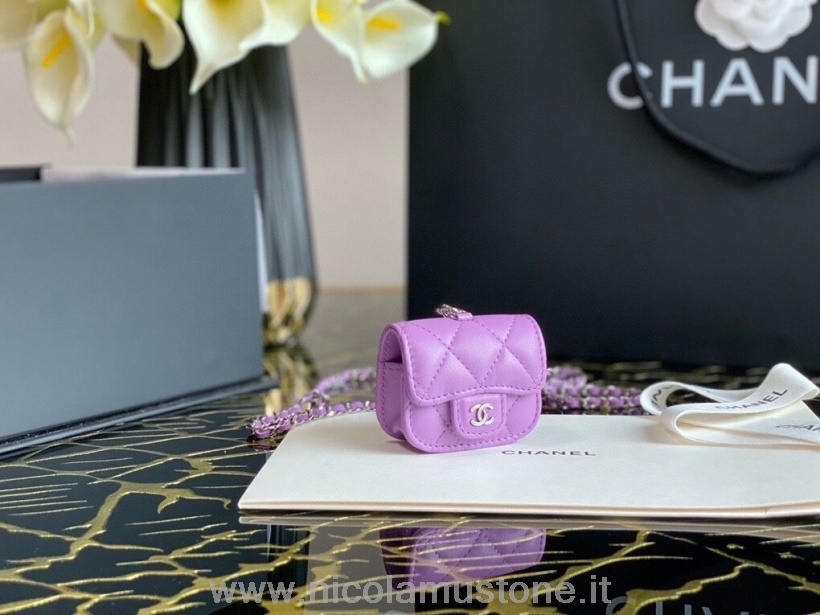 Alkuperäinen Laadukas Chanel Airpod Pro Kotelo Ketjussa 4cm Lampaannahkainen Hopea Laitteisto Syksy/talvi 2020 Kokoelma Violetti