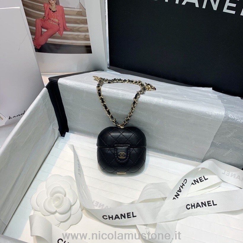Alkuperäinen Laadukas Chanel Airpod Pro Kotelo Ketjussa 8cm As81061 Lampaannahka Kultainen Laitteisto Kevät/kesä 2021 Mallisto Musta