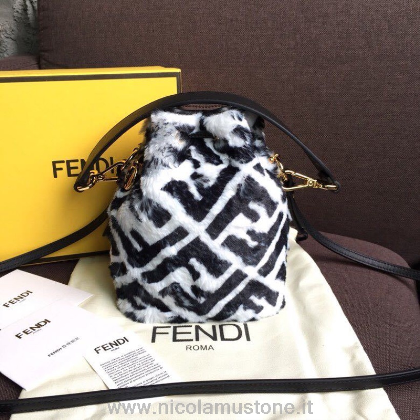 Alkuperäinen Laatu Fendi Mon Tresor Ff Logoprintti Shearling Bucket Bag 20cm Kevät/kesä 2019 Mallisto Valkoinen