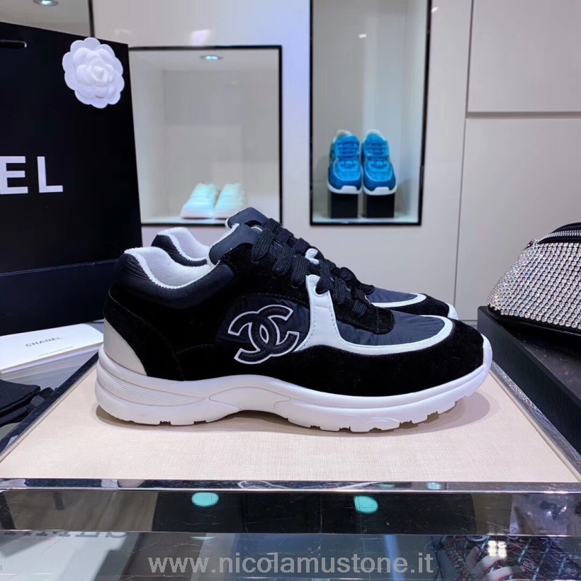 Alkuperäinen Laatu Chanel Nylon Tennarit Lampaannahka Mokka Nahka Kevät/kesä 2020 Mallisto Musta/valkoinen