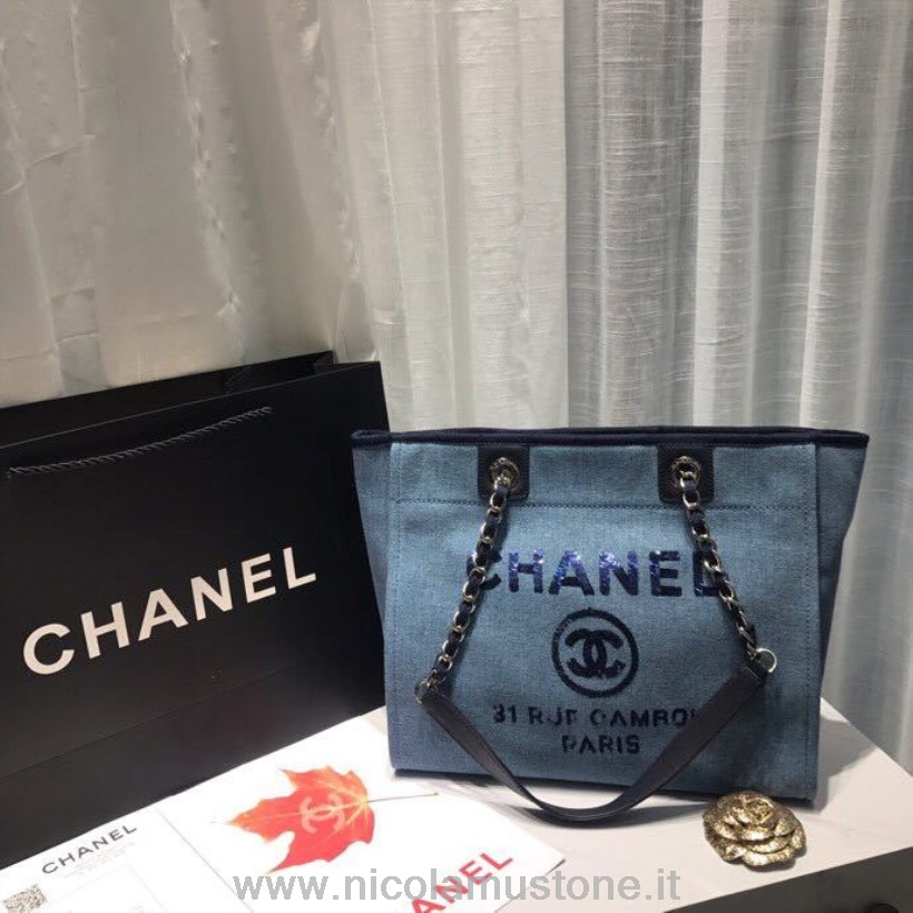 Alkuperäinen Laatu Chanel Deauville Tote 34cm Kangaskassi Kevät/kesä 2019 Kokoelma Vaaleansininen/paljetteja//multi