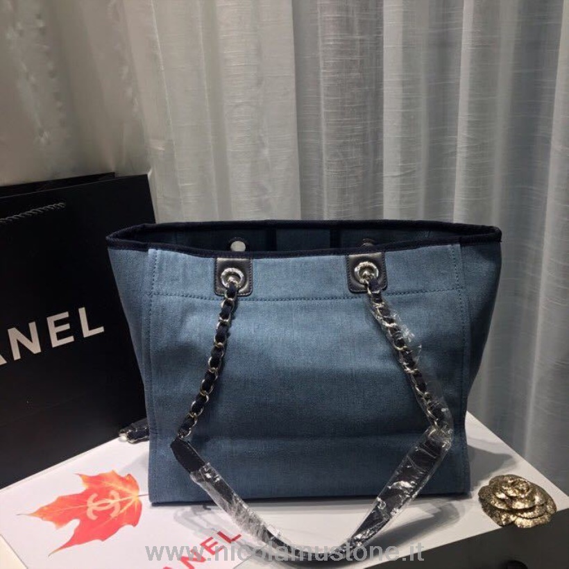 Alkuperäinen Laatu Chanel Deauville Tote 34cm Kangaskassi Kevät/kesä 2019 Kokoelma Vaaleansininen/paljetteja//multi