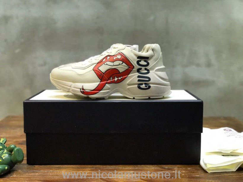 Qualité D\origine Gucci Lèvres Rhyton Dad Sneakers 619893 Cuir De Veau Collection Printemps/été 2020 Blanc Cassé