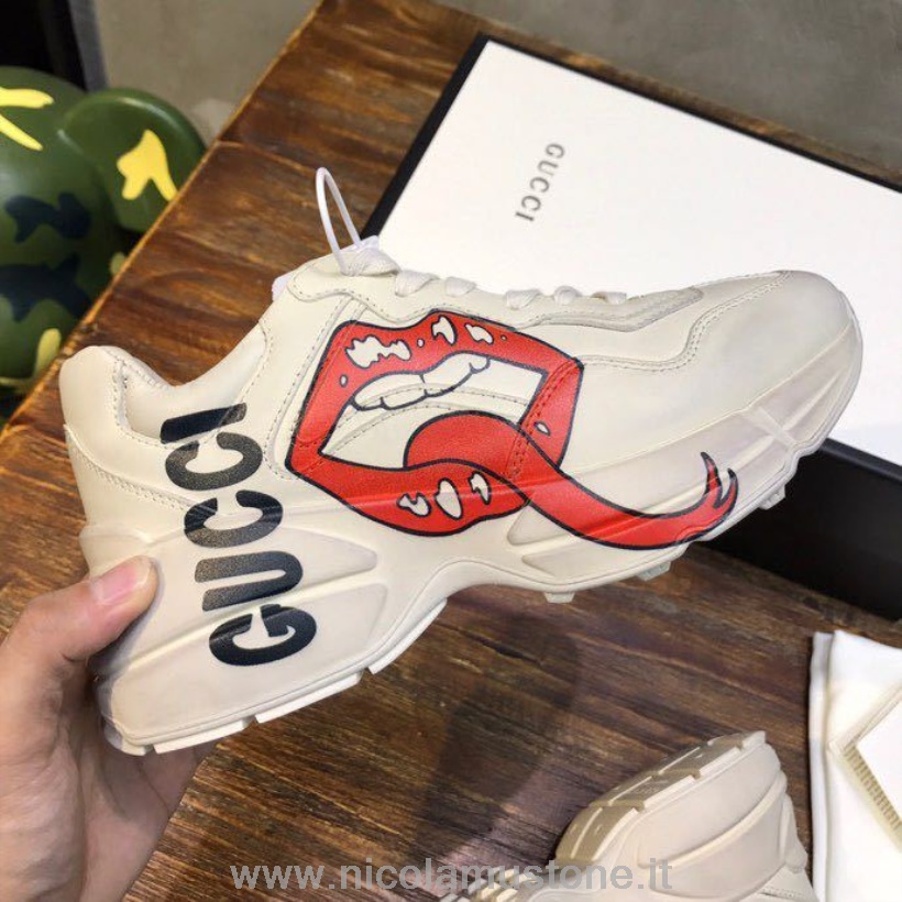 Qualité D\origine Gucci Lèvres Rhyton Dad Sneakers 619893 Cuir De Veau Collection Printemps/été 2020 Blanc Cassé