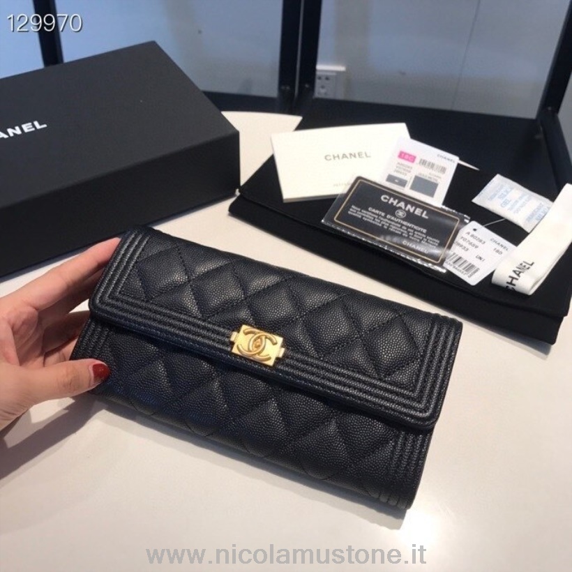 Portefeuille Chanel Leboy Qualité D\origine 19cm Matériel Doré Cuir Caviar Collection Automne/hiver 2020 Noir