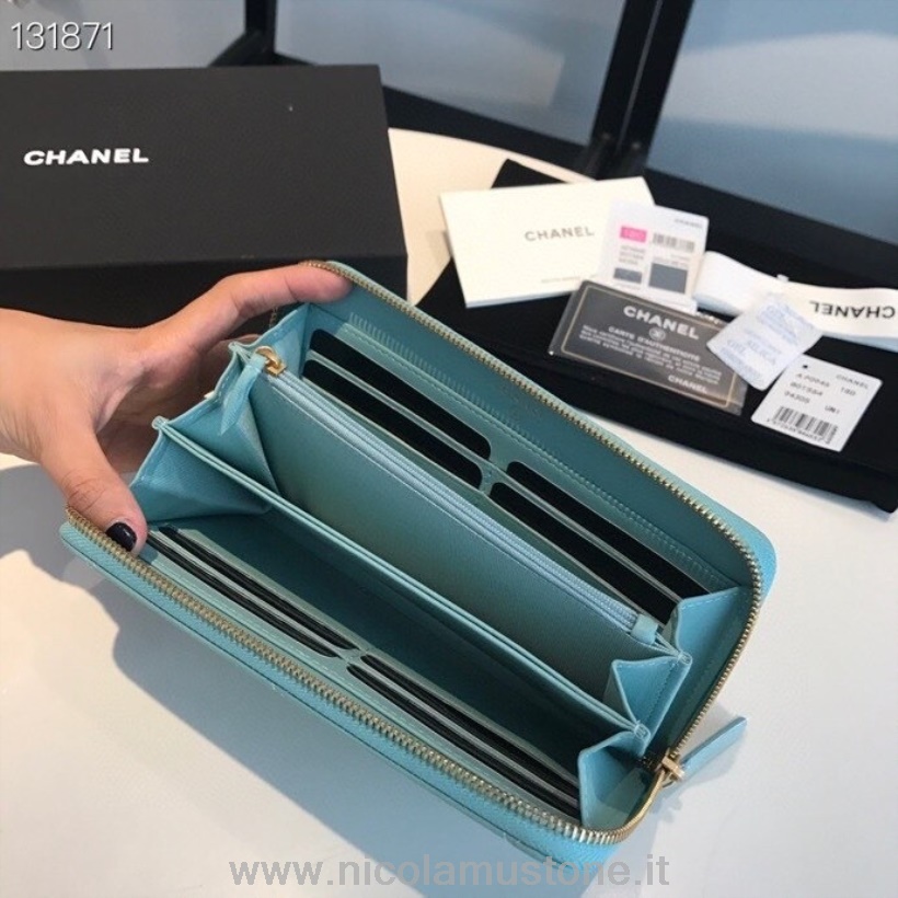 Portefeuille Chanel 19 Zippy Qualité D\origine Matériel Doré Cuir D\agneau Collection Automne/hiver 2020 Turquoise