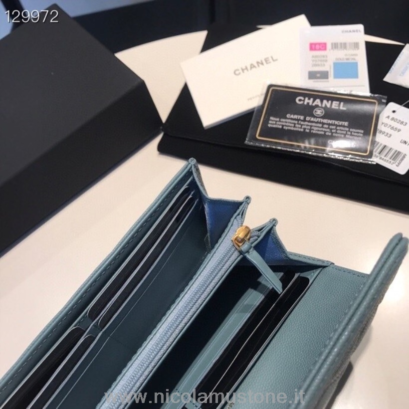 Portefeuille Chanel Leboy Qualité D\origine 19cm Matériel Doré Cuir Caviar Collection Automne/hiver 2020 Bleu