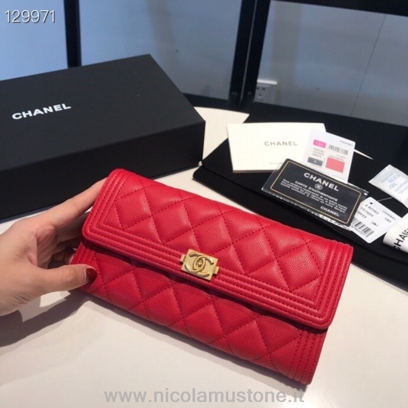 Portefeuille Chanel Leboy Qualité D\origine 19cm Matériel Doré Cuir Caviar Collection Automne/hiver 2020 Rouge