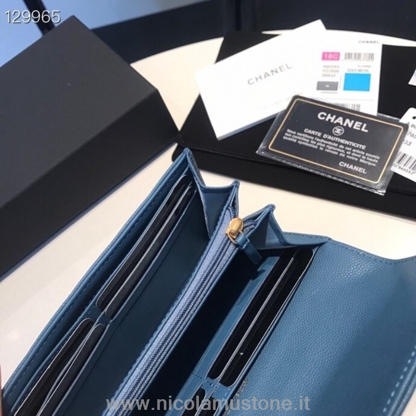 Portefeuille Chanel Leboy Qualité D\origine 19cm Quincaillerie Dorée Cuir Caviar Collection Automne/hiver 2020 Bleu Marine