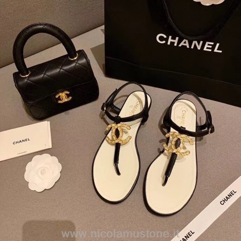 Qualité D\origine Chanel Sandales Tong Logo Cc Cuir De Veau Collection Printemps/été 2020 Acte 2 Blanc/noir