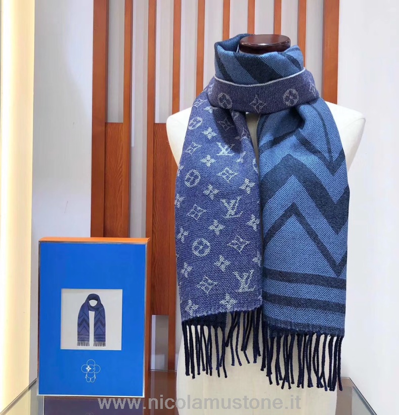 écharpe En Laine Louis Vuitton Switch City Qualité Originale 190cm Collection Automne/hiver 2019 M70935 Bleu Foncé/gris/bleu
