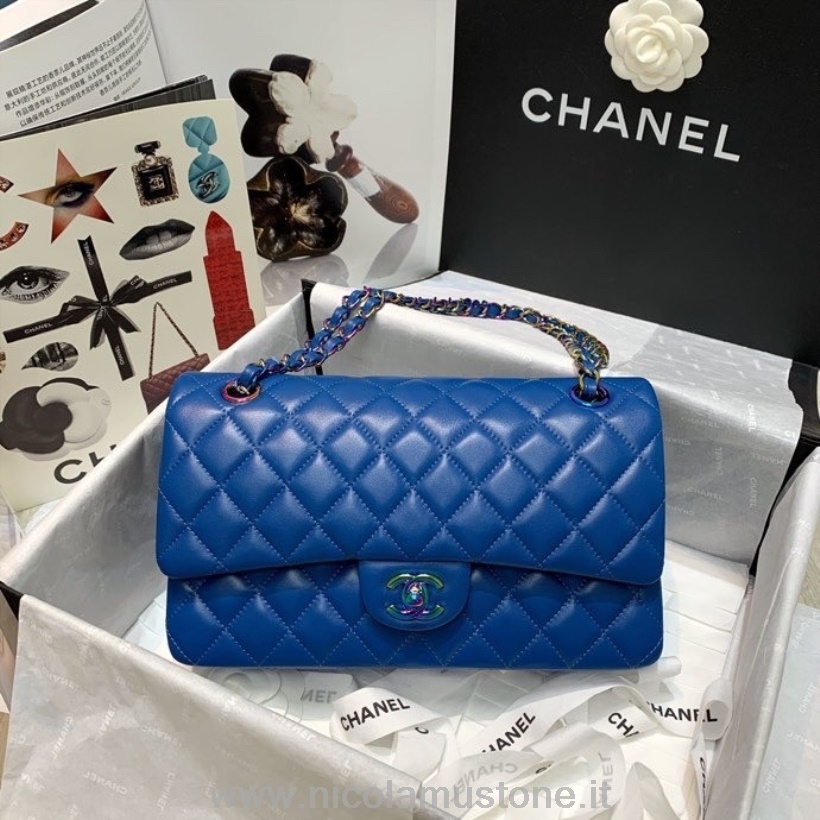 Sac à Rabat Chanel Classique Qualité Originale 25cm Cuir D\agneau Matériel Arc-en-ciel Collection Croisière Printemps/été 2022 Bleu