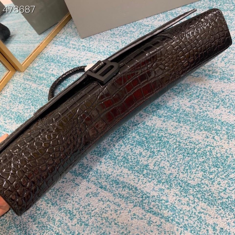 Sac à Main Balenciaga Sablier Stretch Qualité Originale 35cm 671000 Cuir Embossé Crocodile Collection Printemps/été 2021 Noir