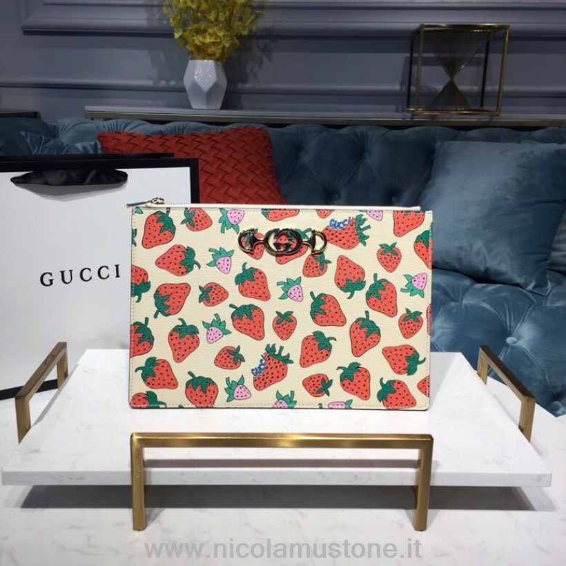 Qualité Dorigine Gucci Zumi Imprimé Fraise Pochette 30cm 570728 Cuir De Veau Collection Printemps/été 2019 Blanc