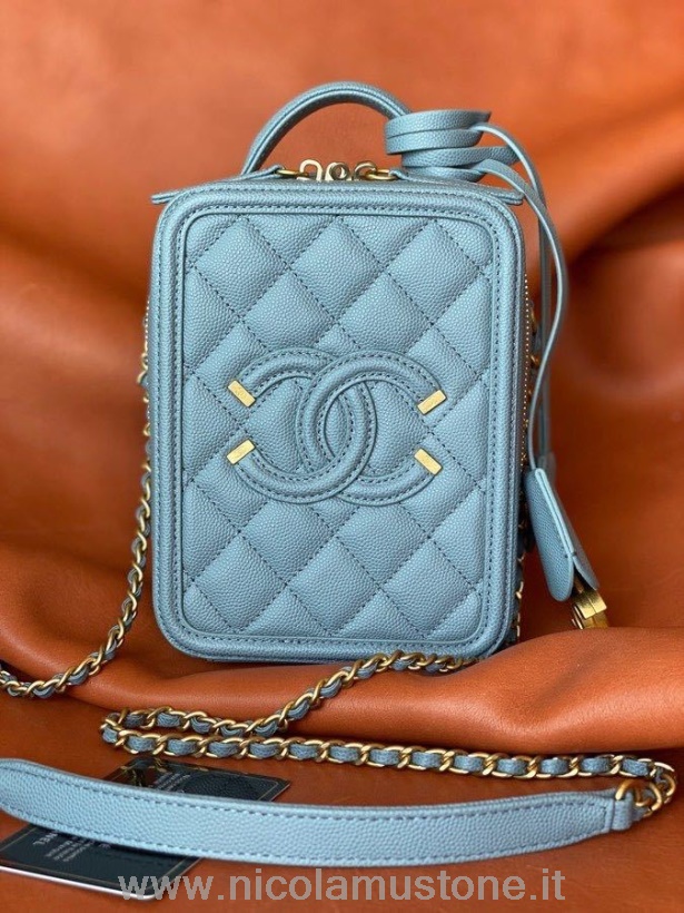 Qualité D\origine Chanel Cc Filigrane Vertical Vanity Case Sac 18cm Matériel Doré Cuir Caviar Printemps/été 2020 Collection Bleu