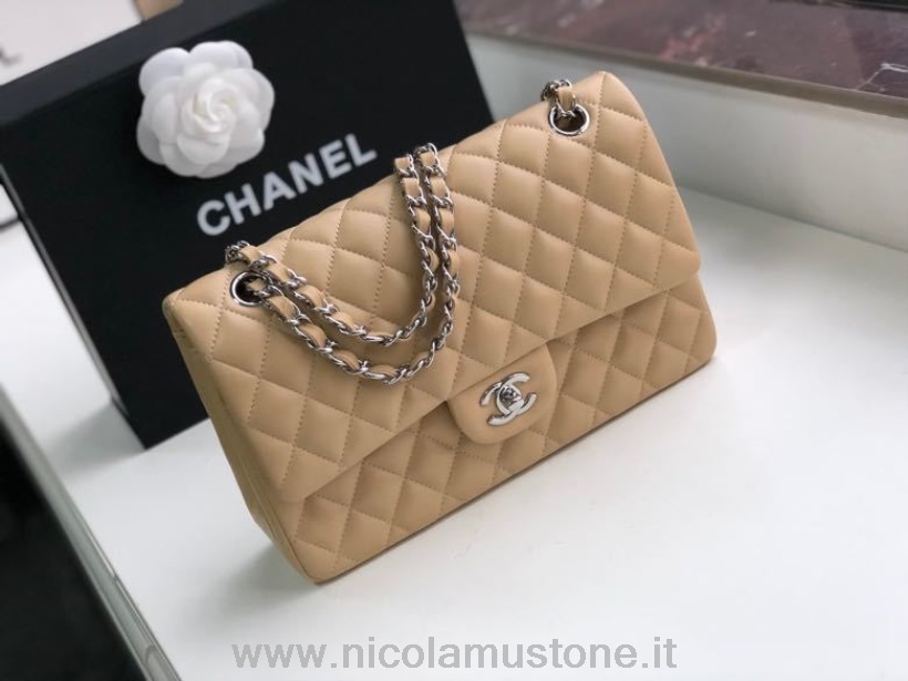 Qualità Originale Chanel Borsa Classica Con Patta 25 Cm Hardware Argento Pelle Di Agnello Collezione Primavera/estate 2020 Beige