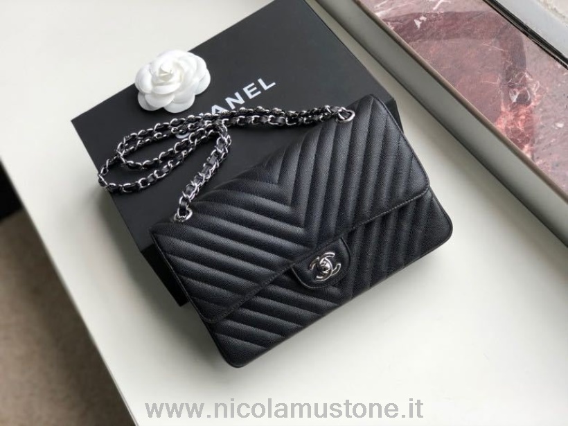 Qualità Originale Chanel Chevron Borsa Classica Con Patta 25 Cm Hardware Argento Pelle Caviale Collezione Primavera/estate 2020 Nero