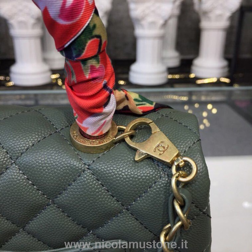 Qualità Originale Chanel Coco Manico Borsa Trapuntata 23 Cm Con Manico In Lucertola Pelle Di Vitello Grana Hardware Oro Primavera/estate 2019 Collezione Act 1 Verde Mare