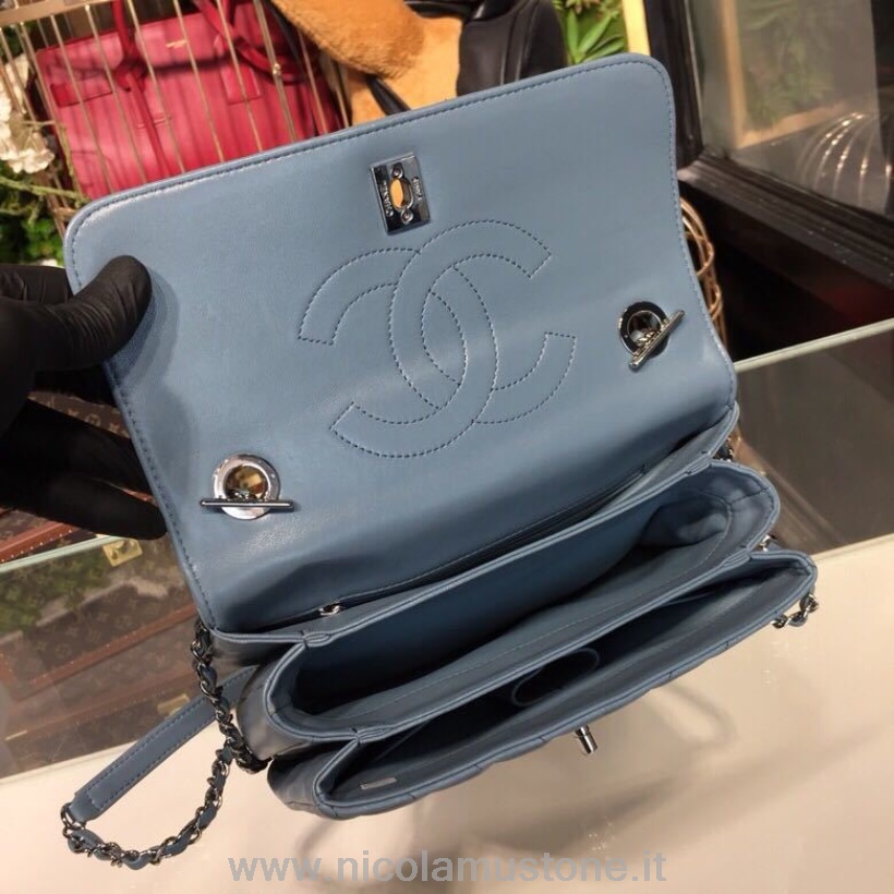 Qualità Originale Chanel Trendy Cc Chevron Top Handle Bag 25cm Pelle Di Vitello Hardware Argento Primavera/estate 2018 Collezione Act 1 Sky Blue