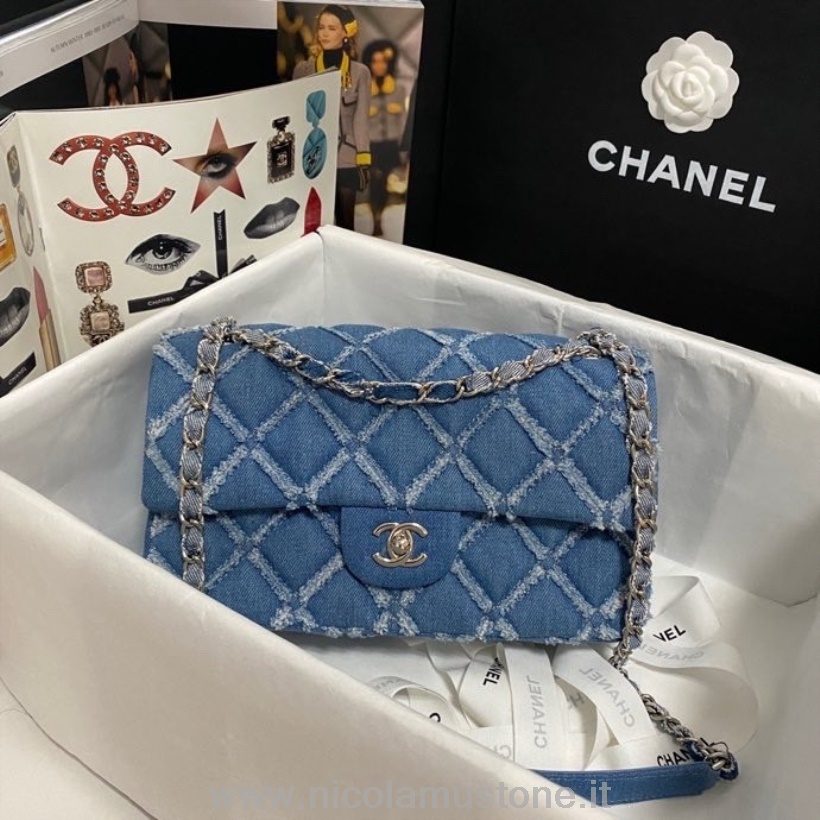 Qualità Originale Chanel Denim Classico Sfrangiato Borsa Con Patta 25 Cm Pelle Di Agnello Hardware Oro Crociera Collezione Primavera/estate 2022 Blu