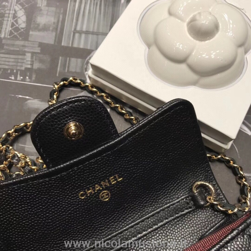 Eredeti Minőségi Chanel Kompakt Többkártyás Pénztárca Láncon 12cm Kaviár Bőr Arany Hardver őszi/téli 2020 Kollekció Fekete