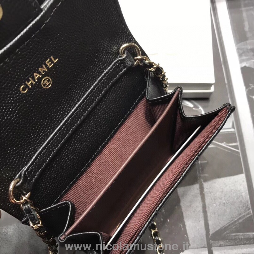 Eredeti Minőségi Chanel Kompakt Többkártyás Pénztárca Láncon 12cm Kaviár Bőr Arany Hardver őszi/téli 2020 Kollekció Fekete
