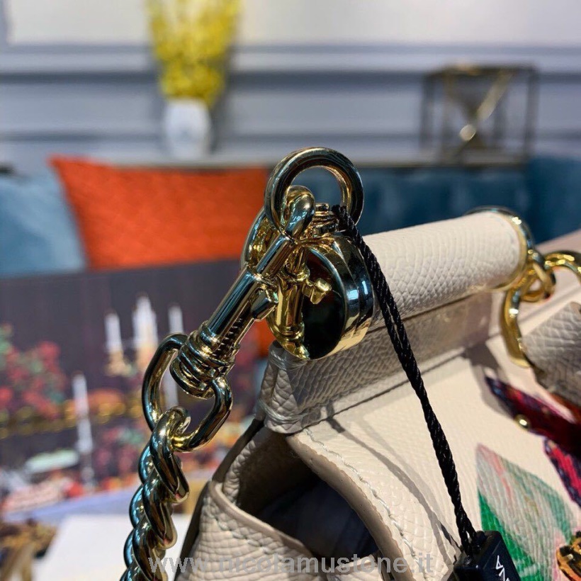 Eredeti Minőségi Dolce Gabbana Virágos Szicíliai Táska 20cm Dg Kristály Szemcsézett Borjúbőr őszi/téli 2019 Kollekció Fehér