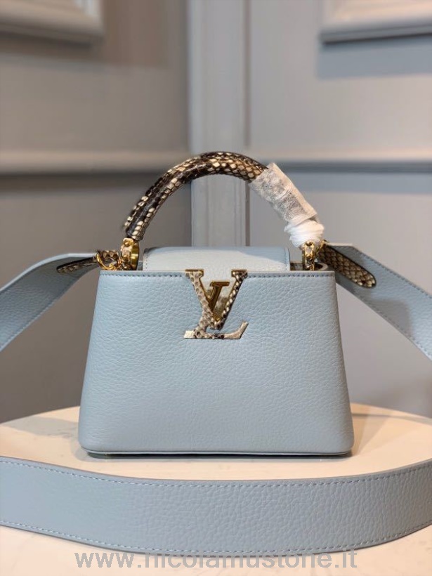 Eredeti Minőségi Louis Vuitton Capucines Mini Táska Python Fogantyúval 22cm Taurillon Bőr Tavasz/nyár 2020 Kollekció N98477 Kék