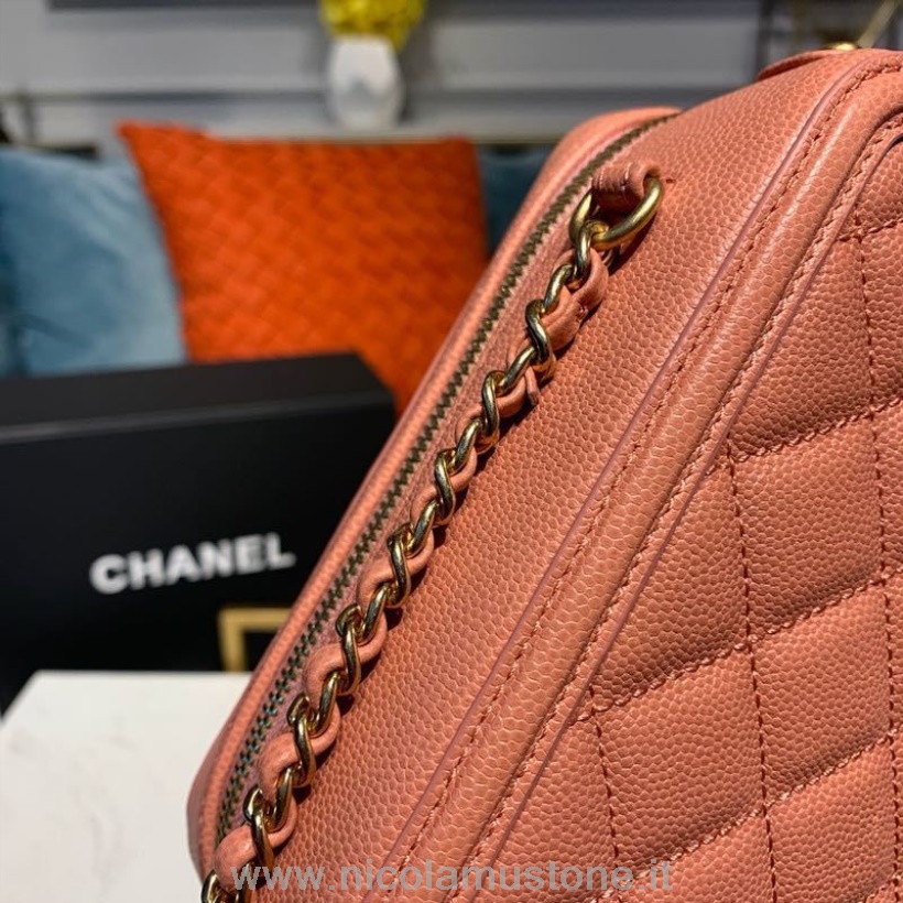 Qualità Originale Chanel Cc Filigrana Verticale Vanity Case Borsa 18 Cm Hardware Oro Caviale Pelle Crociera Collezione 2019 Rosa Rosa