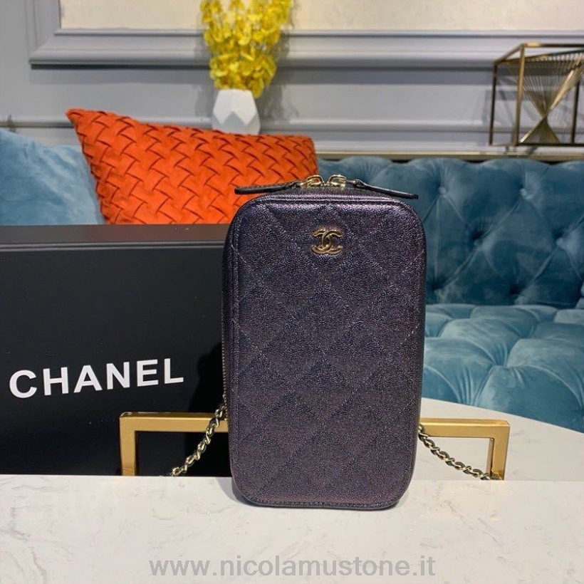 Qualità Originale Chanel Cc Verticale Vanity Case Borsa 18 Cm Hardware Oro Caviale Pelle Crociera Collezione 2019 Nero Metallizzato