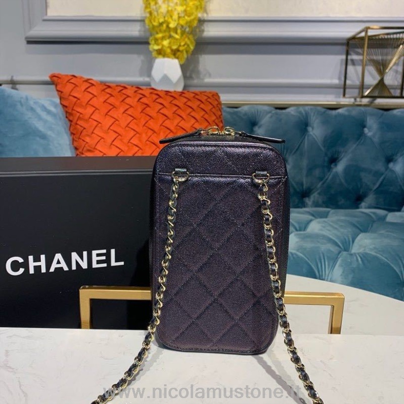 Qualità Originale Chanel Cc Verticale Vanity Case Borsa 18 Cm Hardware Oro Caviale Pelle Crociera Collezione 2019 Nero Metallizzato
