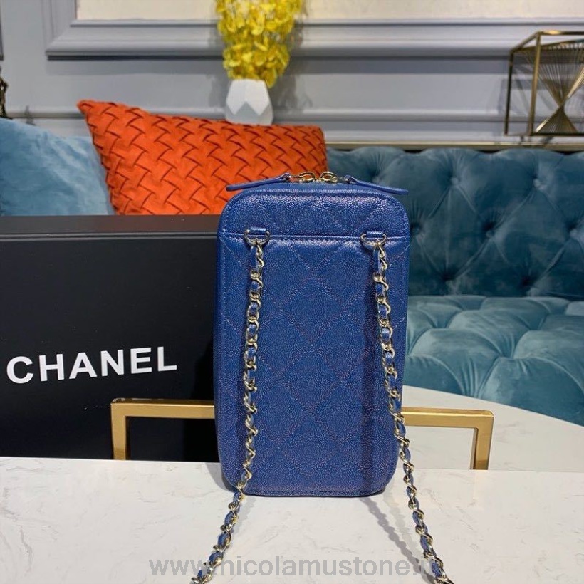 Qualità Originale Chanel Cc Verticale Vanity Case Borsa 18cm Hardware Oro Caviale Pelle Crociera Collezione 2019 Blu