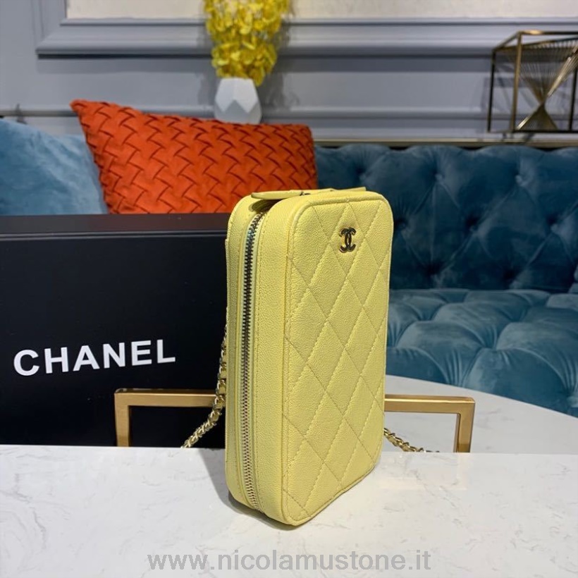 Qualità Originale Chanel Cc Verticale Vanity Case Borsa 18cm Hardware Oro Caviale Pelle Crociera Collezione 2019 Giallo