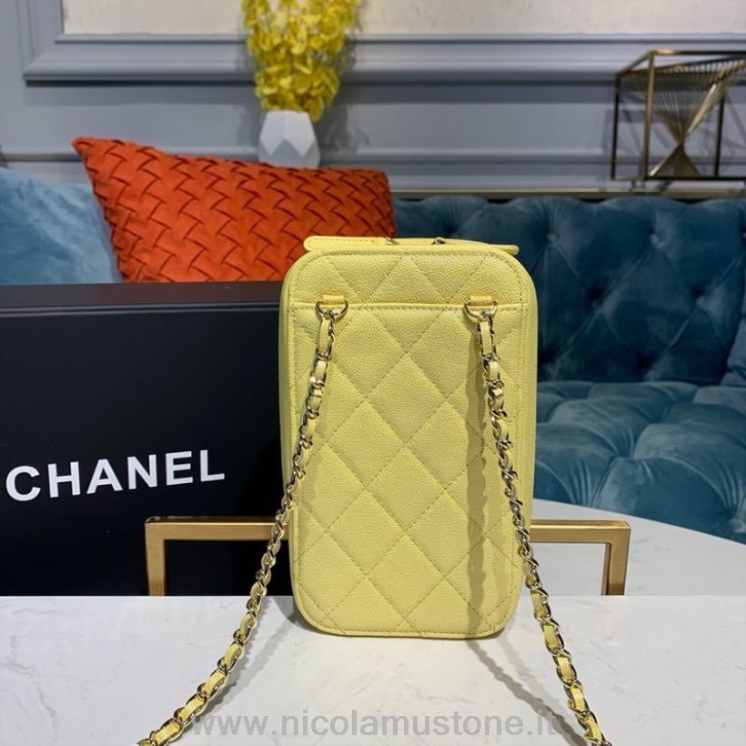 Qualità Originale Chanel Cc Verticale Vanity Case Borsa 18cm Hardware Oro Caviale Pelle Crociera Collezione 2019 Giallo