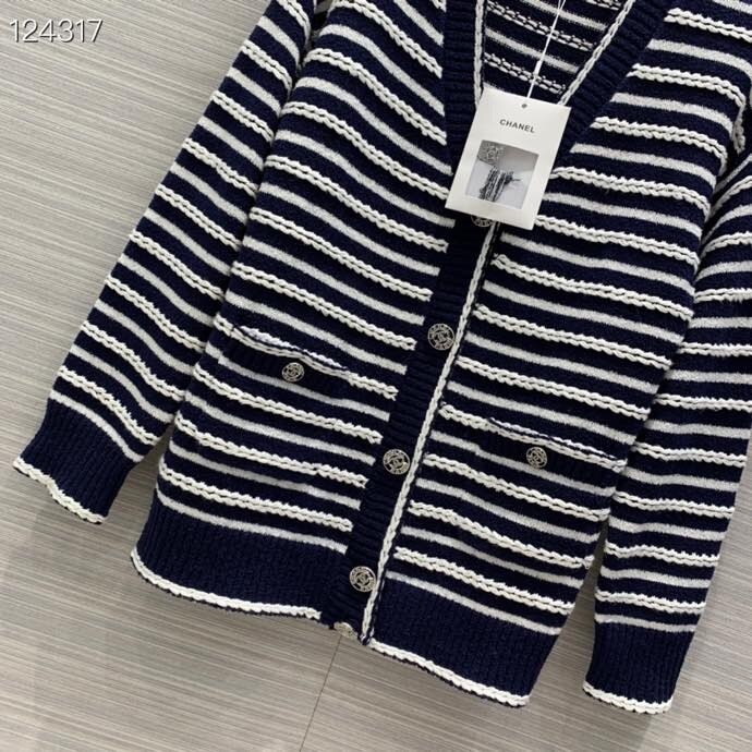 Cardigan Donna Chanel Stripe Di Qualità Originale Collezione Autunno/inverno 2020 Blu/bianco