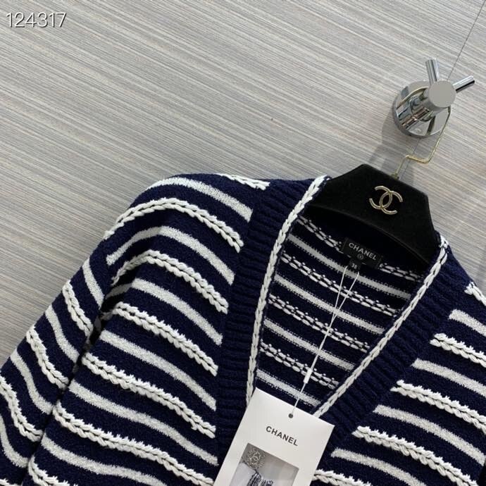 Cardigan Donna Chanel Stripe Di Qualità Originale Collezione Autunno/inverno 2020 Blu/bianco
