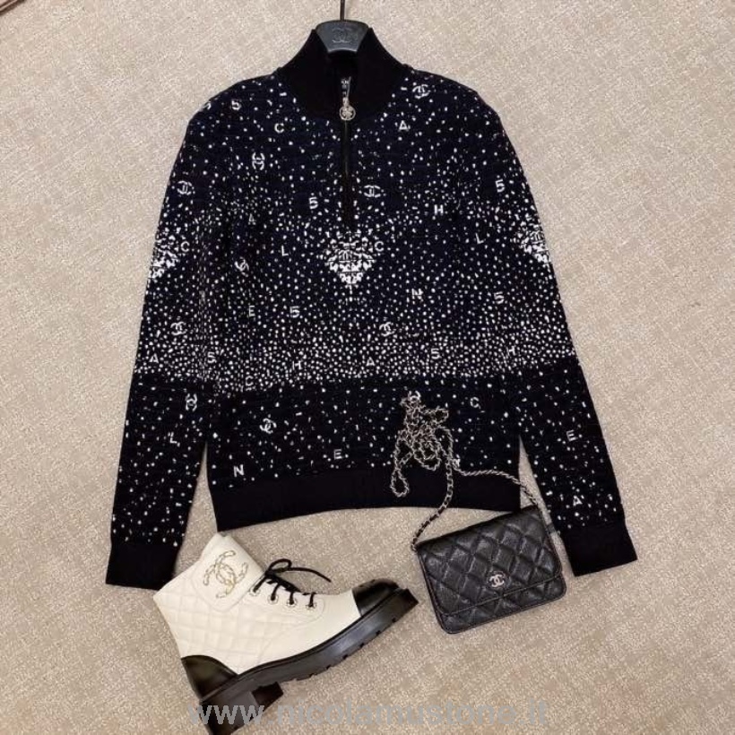 Giacca In Maglia Con Logo Chanel Ricamato Di Qualità Originale Collezione Autunno/inverno 2020 Nero/bianco