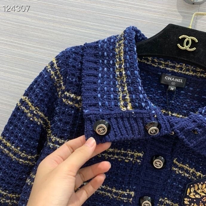 Maglione A Maniche Lunghe Da Donna Chanel Stripe Di Qualità Originale Collezione Autunno/inverno 2020 Blu Navy/oro
