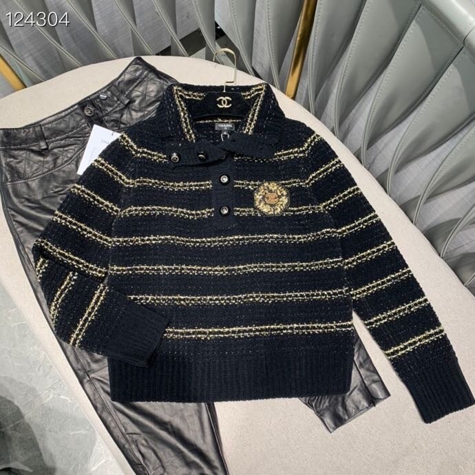 Maglione A Maniche Lunghe Da Donna Chanel Stripe Di Qualità Originale Collezione Autunno/inverno 2020 Nero/oro