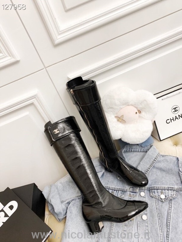 Qualità Originale Chanel Stivali Al Ginocchio Pelle Di Vitello Verniciata Collezione Autunno/inverno 2020 Nero