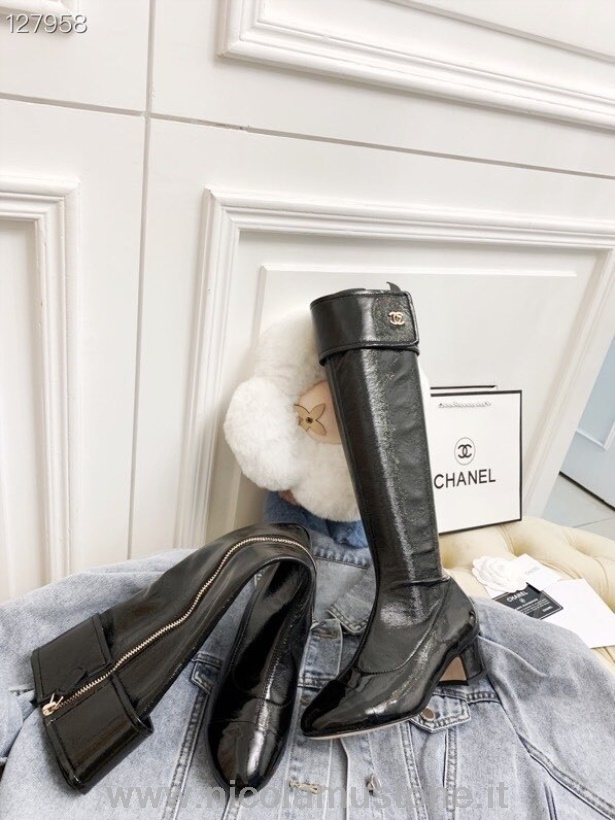 Qualità Originale Chanel Stivali Al Ginocchio Pelle Di Vitello Verniciata Collezione Autunno/inverno 2020 Nero
