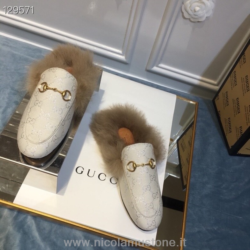 Qualità Originale Gucci Princetown Sabot In Pelliccia Lamè/pelle Di Vitello Collezione Autunno/inverno 2020 Bianco