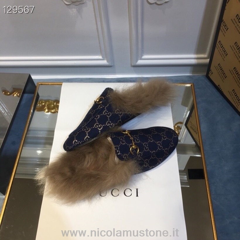Qualità Originale Gucci Princetown Sabot In Pelliccia Lamè/pelle Di Vitello Collezione Autunno/inverno 2020 Blu Navy