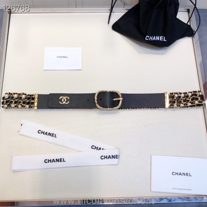 Qualità Originale Chanel Perla Catena Intrecciata 3mm Cintura Hardware Oro Pelle Di Vitello Collezione Autunno/inverno 2020 Nero